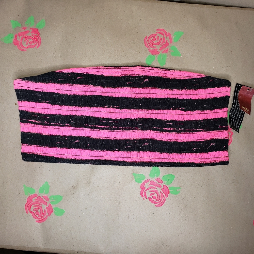 NEW NEON HOT PINK BLACK STRIPED TUBE TOP JUNIOR'S SIZE XL - Picture 4 of 8